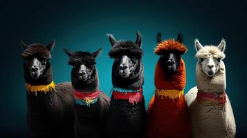 generativo ai, grupo de positivo diferente colores de alpacas o llamas, gracioso animales individualidad, independencia, pensar diferente, creativo idea, diversidad y inclusivo concepto. foto