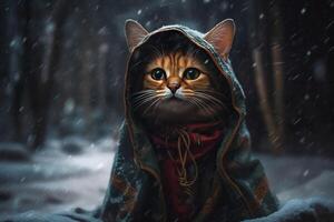 , abyssinian cat adventurer in winter forets. Oil Painting of cute pet, animal wear clothes. photo