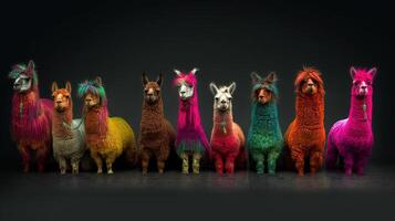 generativo ai, grupo de positivo diferente colores de alpacas o llamas, gracioso animales individualidad, independencia, pensar diferente, creativo idea, diversidad y inclusivo concepto. foto