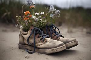 , Old boot with meadow spring flowers, handmade shoe planter. Environmental activism concept photo