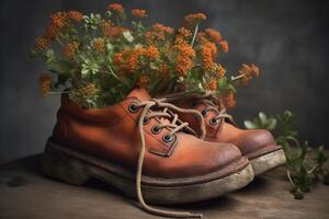 , Old boot with meadow spring flowers, handmade shoe planter. Environmental activism concept photo