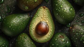 , Macro Fresh Juicy half and whole of green avocado fruit background as pattern. Closeup photo with drops of water