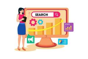 A marketer conducts keyword research to optimize a website's SEO. vector