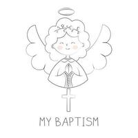 A Cute Angel Girl Holds a Cross Invitation Card for Baptism Day Baptized and Blessed Simple Doodle Vector Illustration