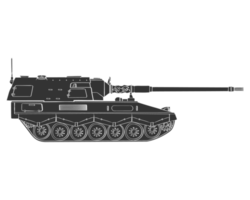 Military armored vehicle black doodle. Self-propelled howitzer. German 155 mm Panzerhaubitze 2000. PNG Illustration.