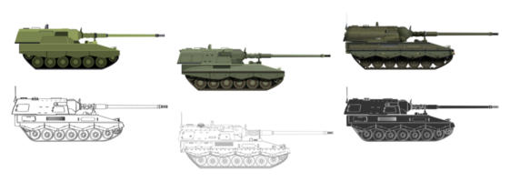Artillerie System Satz. selbstfahrend Haubitze. Deutsche 155 mm panzerhaubitze 2000. Militär- gepanzert Fahrzeug. detailliert bunt png Illustration.