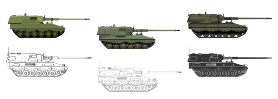 Artillery system SET. Self-propelled howitzer. German 155 mm Panzerhaubitze 2000. Military armored vehicle. Detailed colorful PNG illustration.