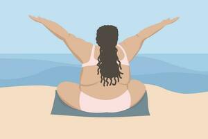 Body positive. Happy overweight woman sitting on the beach by the sea vector