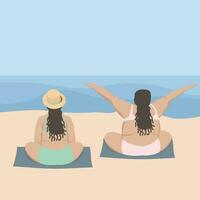 Body positivity. Two happy overweight women on the beach on towels by the sea vector