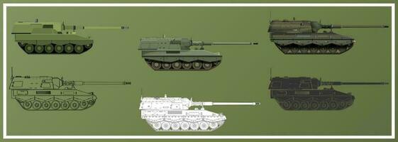 Artillery system SET. Self-propelled howitzer. German 155 mm Panzerhaubitze 2000. Military armored vehicle. Detailed colorful vector illustration isolated on white background.