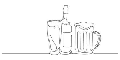 set of beer,beer bottle,beer mug, beer glass in one line drawing vector