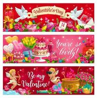 Valentines day holiday cupids, flowers and gifts vector