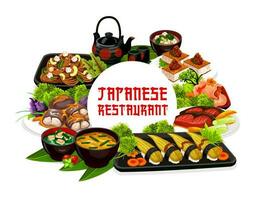 Japanese cuisine traditional food, snacks, drinks vector