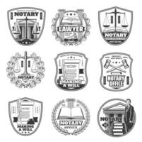 Notary office icons, testament decree, judge law vector