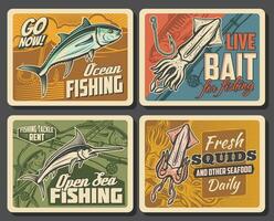 Marlin, tuna fish and squid vector retro posters,