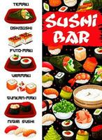 Sushi bar, japonés comida menú cubrir vector