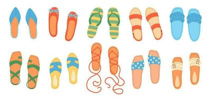 Big set female summer shoes. Sandals, mules, ballet flats, flip-flops. Stylish modern design. Flat hand drawn colorful vector illustration isolated on white background.