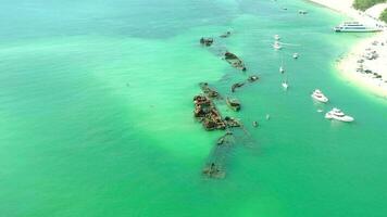 Aerial Flyover of Tangalooma Shipwrecks in Brisbane Australia in the Summer video