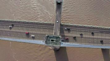 Cars and Lorries Driving Across a Cable Stayed Bridge Aerial View video