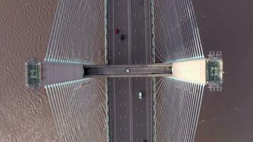 Bird's Eye View of Cars Driving Across a Suspension Stayed Bridge video