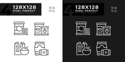 Packaged products pixel perfect linear icons set for dark, light mode. Cooked meal. Supermarket foodservice. Thin line symbols for night, day theme. Isolated illustrations. Editable stroke vector