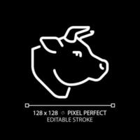 Beef pixel perfect white linear icon for dark theme. Cattle ranching. Meat section. Cow head. Steak house. Deli product. Thin line illustration. Isolated symbol for night mode. Editable stroke vector