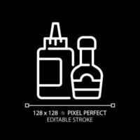 Sauce pixel perfect white linear icon for dark theme. Salad dressing. Meal accompaniment. Flavor enhancer. Condiments aisle. Thin line illustration. Isolated symbol for night mode. Editable stroke vector