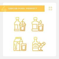 Bottled beverages pixel perfect gradient linear vector icons set. Alcohol and soft drinks. Liquid refreshments. Thin line contour symbol designs bundle. Isolated outline illustrations collection