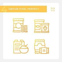 Packaged products pixel perfect gradient linear vector icons set. Cooked meal. Supermarket foodservice. Thin line contour symbol designs bundle. Isolated outline illustrations collection