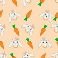 Repeatless Cartoon Rabbit And Carrot On Peach Background. vector