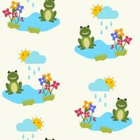 Repeat-less Cartoon Frog With Flowers And Sun Behind Rain Clouds On Beige Background. vector