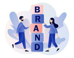 Tiny people build the word BRAND from cubes. Work on branding. Corporate identity. Company development. Self-positioning, individual brand strategy. Modern flat cartoon style. Vector illustration