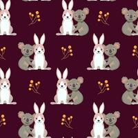 Repeat-less Cartoon Rabbit With Koala Animal And Berry Branch Pattern Background. vector