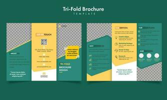 Tri-Fold Business Brochure Template Design With Double-Side On Green Background. vector