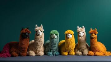 Generative AI, Group of positive different colors of alpacas or lamas, funny animals. Individuality, independence, think different, creative idea, diversity and inclusive concept. photo