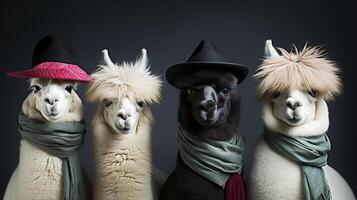 generativo ai, grupo de positivo diferente colores de alpacas o llamas, gracioso animales individualidad, independencia, pensar diferente, creativo idea, diversidad y inclusivo concepto. foto