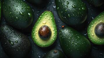 , Macro Fresh Juicy half and whole of green avocado fruit background as pattern. Closeup photo with drops of water