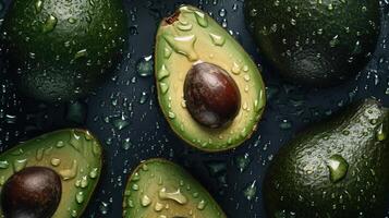 , Macro Fresh Juicy half and whole of green avocado fruit background as pattern. Closeup photo with drops of water