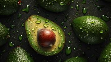 , Macro Fresh Juicy half and whole of green avocado fruit background as pattern. Closeup photo with drops of water