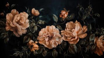 , Close up of blooming flowerbeds of amazing apricot orange color flowers on dark moody floral textured background. Photorealistic effect.. photo