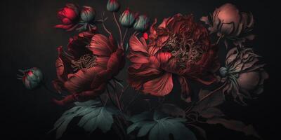 , Close up of blooming flowerbeds of amazing red color flowers on dark moody floral textured background. Photorealistic effect.. photo