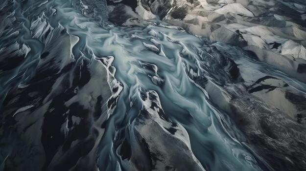 A chilly conduit from over. Ethereal photo of the stream streams from Icelandic chilly masses.