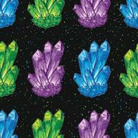 Seamless pattern with arranged in a row crystal gems, druse of gemstones. Magical, glowing inside minerals. Fantasy, mystical concept. Colors of sapphire, emerald, amethyst. Dark textured background vector