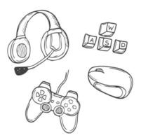 Set of video game doodle. Gamedpad, mouse and keyboard vector