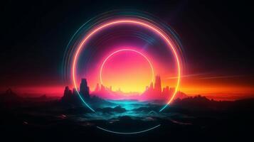 Theoretical establishment with neon circle insides the center with sunrisesunset sun. photo