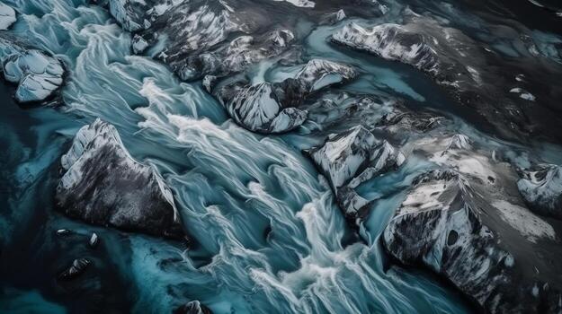 A chilly conduit from over. Ethereal photo of the stream streams from Icelandic chilly masses.