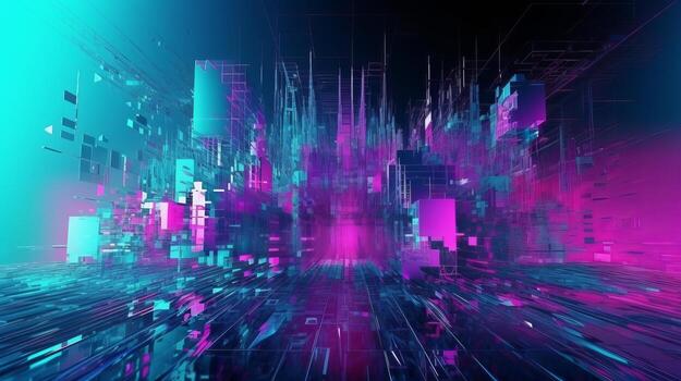 inquisitivamente azul, menta y rosado establecimiento con unión computerizado falla y mutilación impacto. ai generado foto