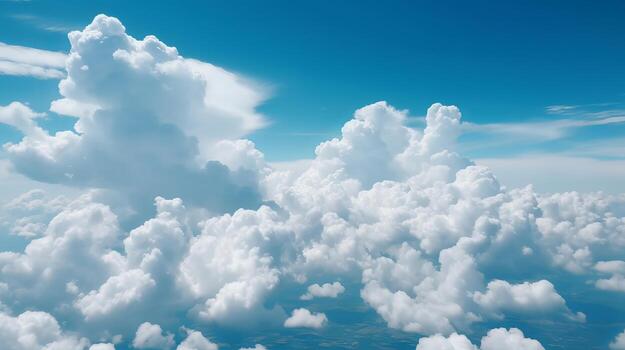 Blue sky with particular clouds. See over the clouds.summer blue sky cloud incline light white foundation. photo