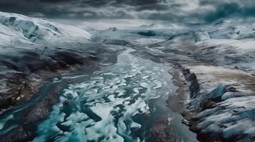 A chilly conduit from over. Ethereal photo of the stream streams from Icelandic chilly masses.