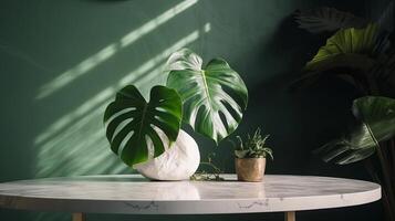 Unessential, progressed white marble stone counter table, tropical monstera plant tree in sunshine on green divider establishment for luxury progressed characteristic remedial. photo